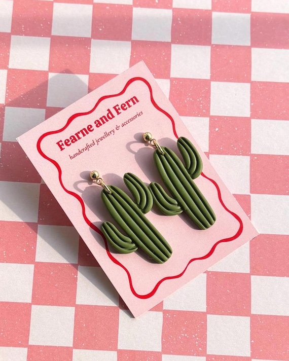 24K Gold Cactus Dangle Earrings: Handmade Polymer Clay Plant Jewelry