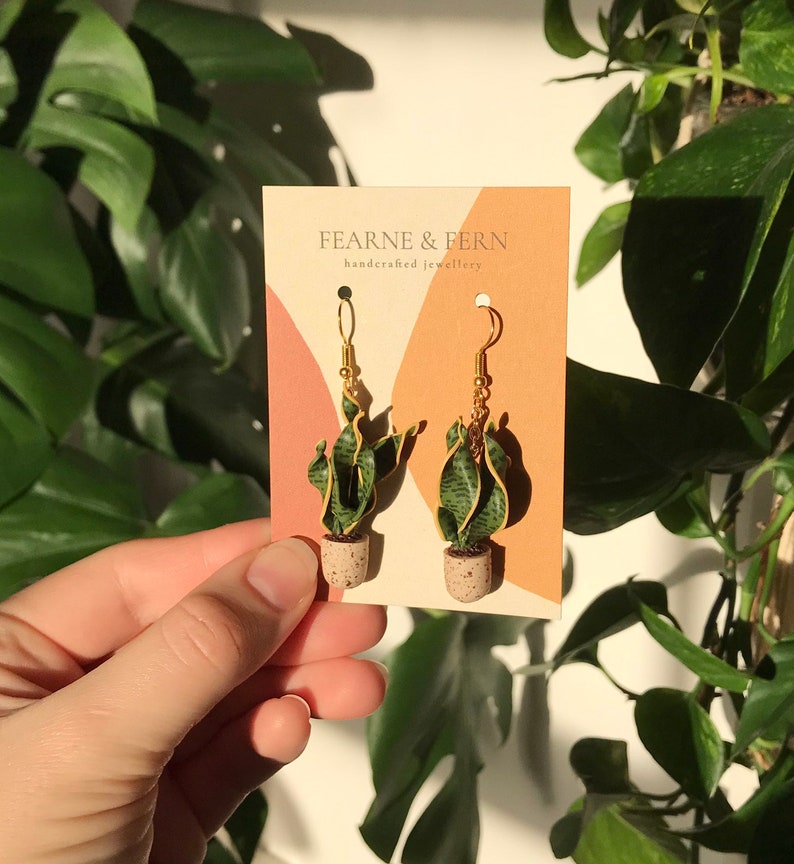 Mother in Law's Tongue / Snake Plant Pot Earrings Spring Earrings Handmade UK Recyclable Packaging Boho Botanical Jewellery image 3