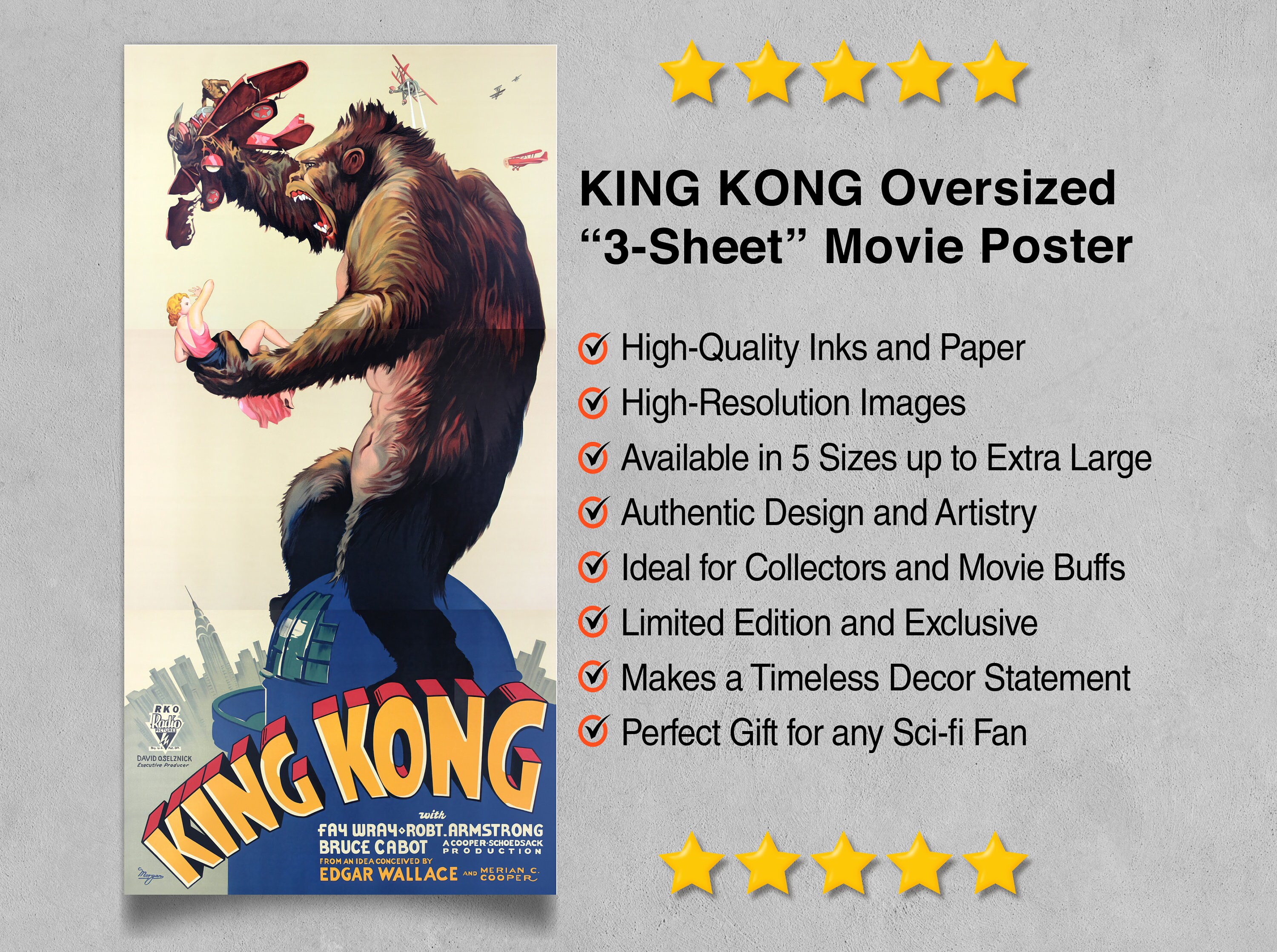 Poster Sur Toile King Kong 1933 (Style 7) - 30 X 45 Cm - Décoration Murale Vintage Pour Salon, Bureau, Chambre