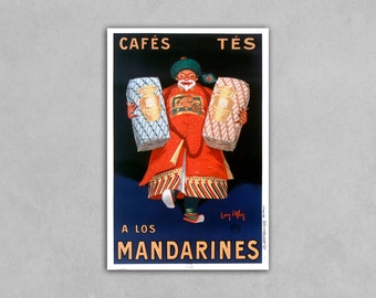 May include: A vintage poster advertising Cafés Tés A Los Mandarines. A man in a red and gold robe carries two packages of coffee and tea. The poster has a blue background.