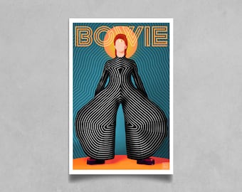 May include: A poster with a black and white striped illustration of David Bowie in a black jumpsuit with a yellow sun behind him. The text "BOWIE" is in yellow letters at the top of the poster.