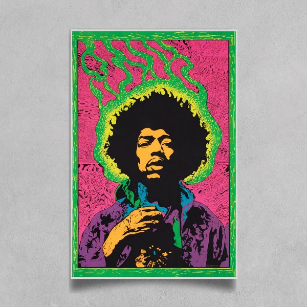 Réimpression d'affiche de musique de Jimi Hendrix des années 1960 - Impression d'art rock psychédélique