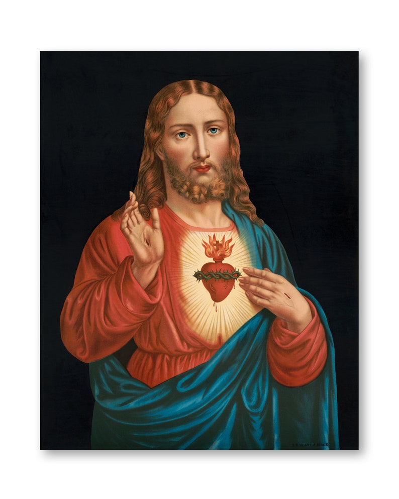 May include: A painting of Jesus Christ with a red heart on his chest. The heart is surrounded by a crown of thorns and is on fire. The painting is on a black background.
