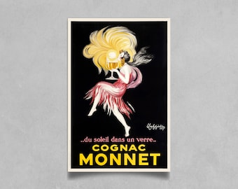 May include: Vintage Cognac Monnet advertisement poster. The artwork features a woman holding a glass of cognac, with a large yellow and gold hairpiece. The poster has the text "COGNAC MONNET" in yellow on a black background.