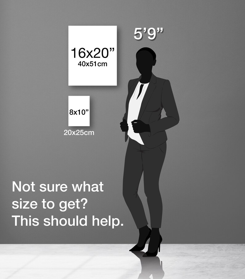May include: A silhouette of a person standing next to two framed pictures. The pictures are different sizes. The larger picture is 16x20 inches (40x51 cm) and the smaller picture is 8x10 inches (20x25 cm). The person is 5'9" tall.