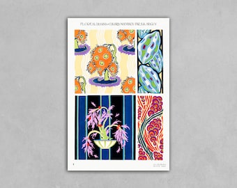 Könnte beinhalten: Eine Vintage-Illustration von Blumendesigns mit dem Text "Floreal Dessins - Couleurs Nouveaux Par Ea. Secguy". Die Illustration zeigt eine Vielzahl von Blumenmustern in Blautönen, Grün, Orange, Rot und Lila.