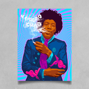 Jimi Hendrix Voodoo Child Fan Art Poster - Blues, Teal, Lavender, Psychedelic colors