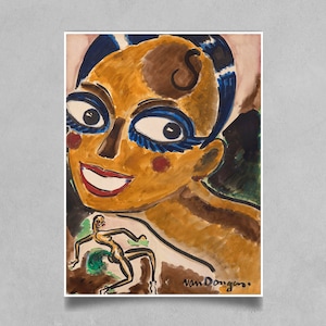 Puede incluir: Una pintura de acuarela de la cara de una mujer con rasgos exagerados, incluidos ojos grandes y una amplia sonrisa. La mujer lleva sombra de ojos azul y tiene una pieza de pelo azul y negro. La pintura está firmada "Van Dongen" en la esquina inferior derecha.