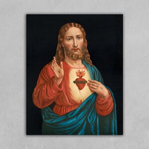 May include: A painting of Jesus Christ with a red heart and a crown of thorns on his chest. He is wearing a red and blue robe and has a long, flowing beard.