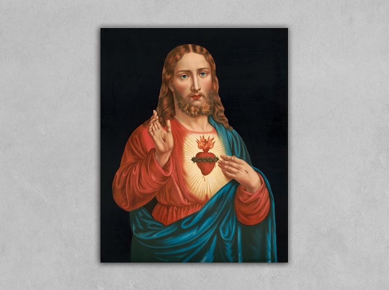 May include: A painting of Jesus Christ with a red heart and a crown of thorns on his chest. He is wearing a red and blue robe and has a long, flowing beard.