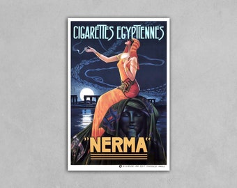 May include: Vintage poster advertising "Nerma" Egyptian cigarettes. A woman in a yellow and orange dress sits on a sphinx-like figure with a crescent moon in the background. The text "Cigarettes Egyptiennes" is at the top of the poster.
