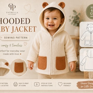 Puede incluir: Un patrón de costura para una chaqueta con capucha para bebé en tela texturizada color crema, con orejas de oso marrones en la capucha y dos bolsillos de parche marrones. El diseño incluye una cremallera frontal y está disponible en tallas de 6-9 y 12-18 meses.