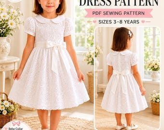 Girls Dress Sewing Pattern PDF, Peter Pan Collar Dress, Puff Sleeve Party Dress Pattern, Sizes 3-8 Years, Digital Download
