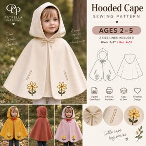 May include: A sewing pattern for a hooded cape for ages 2-5, featuring a cream-colored cape with a hood, tie closure, and yellow flower embroidery. The pattern includes digital download, A4 and A0 formats, and instructions for two sizes.