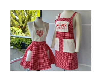 Aprons For women | Mother Daughter Apron | Gift For Her | Custom Apron | Cooking Apron | Embroidered Apron | Cute Apron | Red Cream Apron