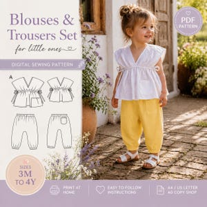 May include: A child in a white top and yellow trousers. The image includes a digital sewing pattern for a blouse and trousers set, with the text "Blouses & Trousers Set for little ones". The pattern is for sizes 3M to 4Y.
