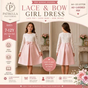 May include: A PDF sewing pattern for a dress featuring a white lace long-sleeve bodice and a solid pink satin skirt with a bow detail at the waist. The pattern includes sizes 7-12Y, EU 122-152, and is available in A4, US Letter, and A0 layered formats.