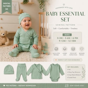Peut inclure: Un bébé vêtu d'un ensemble vert sauge comprenant un chapeau, un haut cache-cœur, un pantalon à pieds et un body à manches longues. L'image présente un patron de couture pour un ensemble essentiel pour bébé, tailles de 0-3M à 12-18M. Le texte indique "Baby Essential Set".