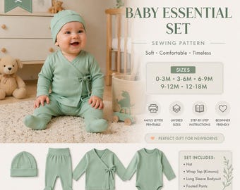 Newborn Sewing Pattern Set, Kimono Baby Outfit PDF, Bonnet Pants Jacket Bodysuit, Instant Download