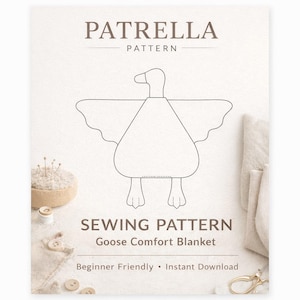 Op de afbeelding: Een naaipatroon genaamd "Patrella Pattern" voor een ganzencomfortdeken. Het ontwerp is een lijntekening van een gans met uitgestrekte vleugels. Tekst bevat "Beginner Friendly" en "Instant Download."