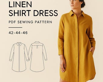 Linen Shirt Dress Sewing Pattern PDF: Button-Front (Sizes 42-46, A4 Printable)