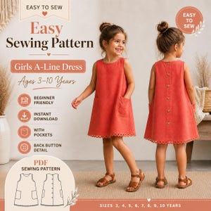 May include: A coral A-line dress sewing pattern for girls aged 3-10 years. The dress has pockets, a back button detail, and a scalloped hem. The pattern is beginner-friendly and available for instant download. Sizes include 3, 4, 5, 6, 7, 8, 9, and 10 years.