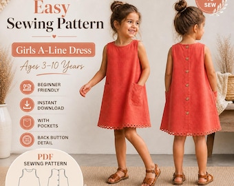 Girls A-Line Dress Sewing Pattern | Ages 3-10 Years, Back Button, Pockets (PDF Download)