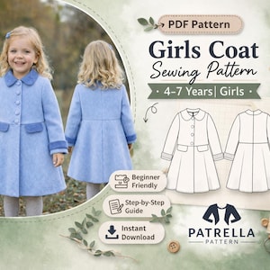Puede incluir: Un abrigo azul claro para niña con cuello redondo, cierre de botones y bolsillos. La imagen también presenta un patrón de costura para el abrigo, con el texto "Girls Coat Sewing Pattern" y "4-7 Years | Girls."