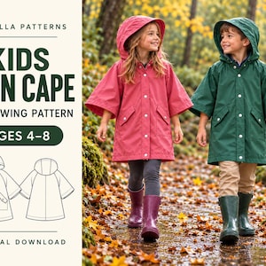 May include: A PDF sewing pattern for a kids' rain cape, ages 4-8, by Patrella Patterns. The design features a hooded cape with a front button closure and two pockets. The image includes a technical line drawing and two children wearing the capes.