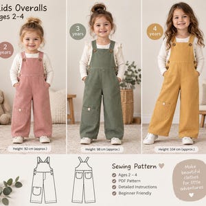 Puede incluir: Patrón de costura para petos infantiles de 2 a 4 años, en colores rosa empolvado, verde oliva y amarillo mostaza. Incluye un dibujo técnico, etiquetas de altura para 92 cm, 98 cm y 104 cm, y detalles sobre el formato de patrón en PDF.