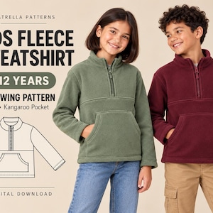May include: A PDF sewing pattern for a kids fleece sweatshirt, sizes 4-12 years. The design features a half-zip closure and a kangaroo pocket. The image displays the text Patrella Patterns, Kids Fleece Sweatshirt, 4-12 Years, PDF Sewing Pattern, Half Zip, Kangaroo Pocket, and Digital Download.