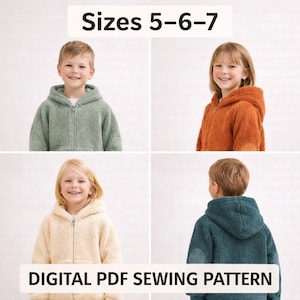 May include: Four images of children wearing hooded sweatshirts in various colors: sage green, orange, cream, and teal. The text "Sizes 5-6-7" and "DIGITAL PDF SEWING PATTERN" are displayed.
