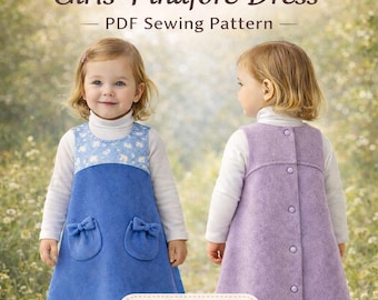 May include: Two little girls wearing pinafore dresses. One dress is blue with bow pockets and a floral yoke, the other is lavender. The dresses are over white turtlenecks. Text reads "Girls' Pinafore Dress - PDF Sewing Pattern" and "9-24 Months".
