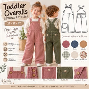 May include: A digital sewing pattern for toddler overalls in sizes 2T, 3T, and 4T. The image displays a pink corduroy overall and a green corduroy overall, technical line drawings, fabric swatches, and close-up details of buttons and pockets.
