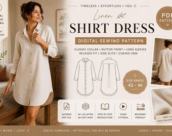 Linen Shirt Dress Sewing Pattern, Oversized Relaxed Fit, Digital PDF (Sizes 42-46)