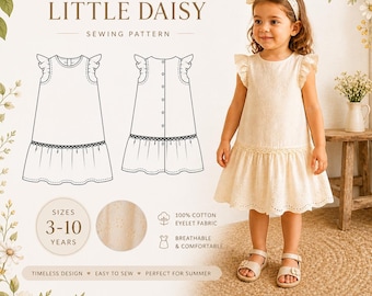 Girls Flutter Sleeve Dress Sewing Pattern (Sizes 3-10), A-Line Summer PDF