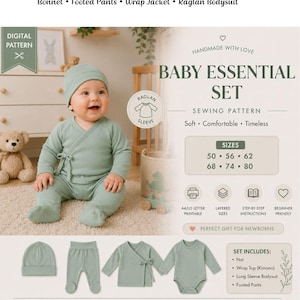 May include: A digital sewing pattern set for baby clothing, including a bonnet, footed pants, wrap jacket, and raglan bodysuit. The set features sizes 50 through 80, with printable A4/US letter instructions, layered sizes, and step-by-step guides.