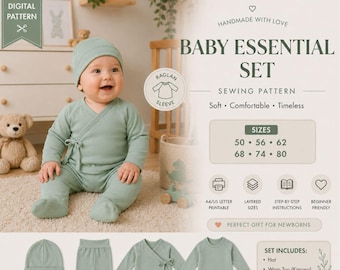 Newborn Sewing Pattern Set, Kimono Baby Outfit PDF, Bonnet Pants Jacket Bodysuit, Instant Download