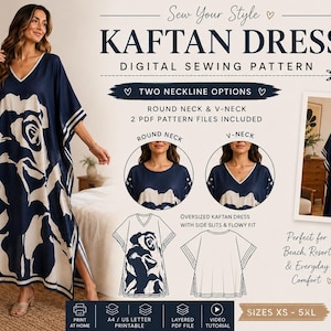 May include: A digital sewing pattern for a kaftan dress featuring a navy blue and white floral print. The design includes two neckline options, round and V-neck, with side slits and a flowy fit. The pattern is available in sizes XS to 5XL.
