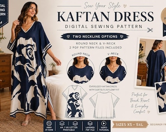 Oversized Kaftan Dress Sewing Pattern, Boho Maxi Resort Wear PDF (XS-5XL) , 2 Neckline Options