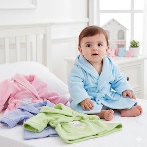 Może przedstawiać: Niemowlę w jasnoniebieskim szlafroku z kapturem siedzi na łóżku. W pobliżu znajduje się kilka złożonych szlafroków dla dzieci w kolorze różowym, lawendowym i zielonym. Każdy szlafrok ma pasujący pasek i małą aplikację z misiem.