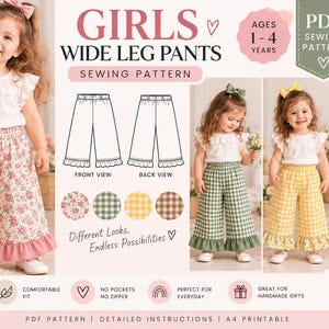 Op de afbeelding: Een PDF-naaipatroon voor een wijde broek voor meisjes van 1-4 jaar oud. De afbeelding toont technische lijntekeningen van voor- en achteraanzichten, naast foto's van kinderen die broeken dragen met bloemenprint, groen ruitje, geel ruitje en bruin ruitje.