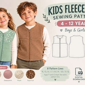 May include: A digital sewing pattern for a kids' fleece vest, sized for 4-12 years. The image displays two children wearing vests, a technical line drawing of the front and back, and text labels including 'KIDS FLEECE VEST SEWING PATTERN'.
