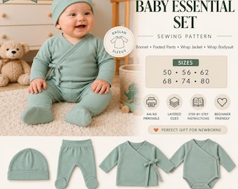 Könnte beinhalten: Ein digitales Schnittmuster für ein Baby-Set, bestehend aus einer Mütze, einer Hose mit Füßchen, einer Wickeljacke und einem Wickelbody. Das Set ist in Salbeigrün dargestellt, mit Angaben zu den Größen 50 bis 80, Raglanärmeln und Druckanleitungen für A4/A0-Formate.