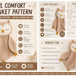Könnte beinhalten: Ein PDF-Schnittmuster für eine Eulen-Schmusetuch-Decke mit dem Text Owl Comfort Blanket Pattern. Das Design zeigt eine beige Eule aus Musselin mit weißem Gesicht, geschlossenen Augen und gelbem Schnabel. Enthält Anleitungen und Schnittteile.