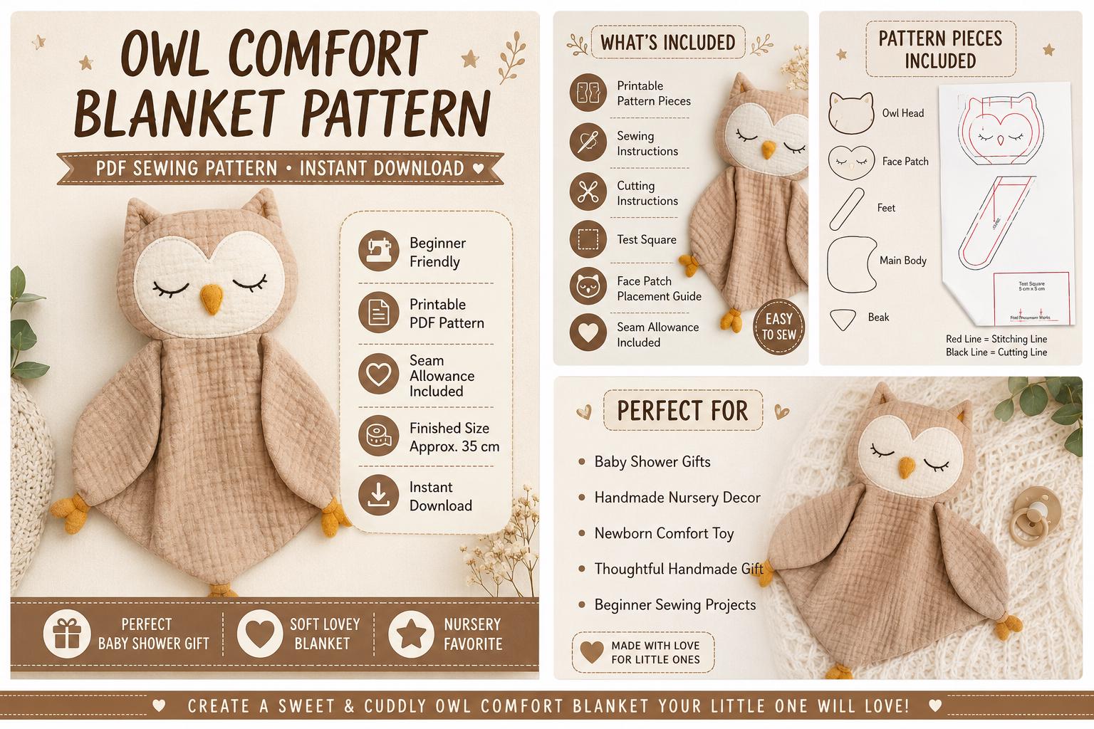 Owl Comfort Blanket Sewing Pattern, Beginner Friendly Lovey Toy (PDF Download)