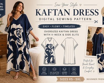 Kaftan Dress Sewing Pattern PDF, Oversized Caftan Pattern, Digital Sewing Pattern Women, Boho Maxi Dress Pattern, Resort Wear PDF XS-5XL