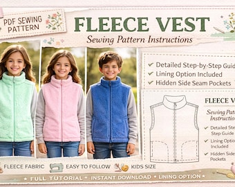 Kids Fleece Vest Sewing Pattern, Unisex Zipper Sleeveless Jacket (PDF Download)