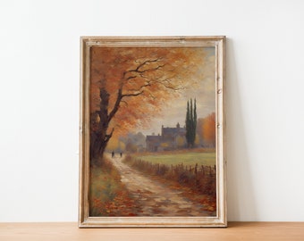 Vintage landschapsschilderkunst, herfstlandschap, olieverfschilderij, digitale muurkunst