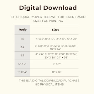 Op de afbeelding: Een tabel met vijf verschillende beeldverhoudingen en hun bijbehorende afmetingen in inches voor digitale downloads. De verhoudingen zijn 4:5, 3:4, 2:3, 5" x 7" en 11" x 14". De tekst "Dit is een digitale downloadaankoop. Geen fysieke items." staat onderaan de tabel.